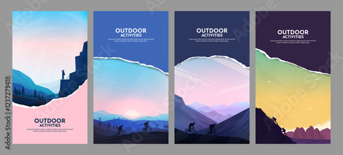 Vector illustration. Travel concept of discovering, exploring and observing nature. Adventure tourism background with tear paper overlay.  Design for flyer, voucher, coupon, leaflet. Flat landscape