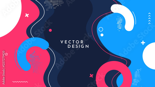 Vector illustration. Color fun background with geometric shapes. Memphis pattern, halftone dots and semi circle shapes. Design for web banner, panoramic wallpaper, horizontal template
