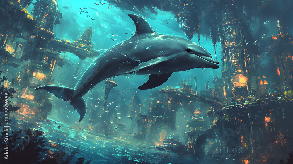Fototapeta premium Dolphin in water illustration, dolphin in ocean, dolphin in sea, ocean life, ocean animals, sea animals, dolphin art, dolphin illustration, ocean wildlife, sea life, underwater world 
