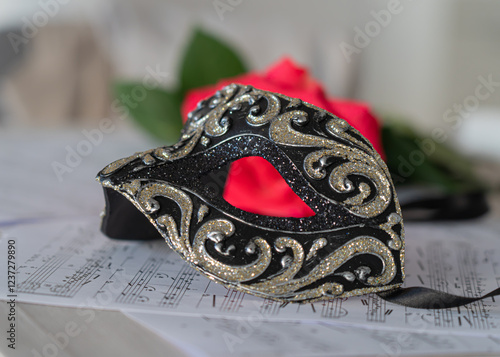 venetian carnival mask with a musical notes and red rose