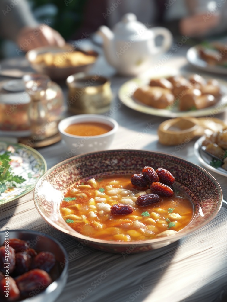 A table of traditional Persian dishes including soup, nuts and dates, potato salad, slow-cooked grains, and more. A gathering of family sharing cultural food. A table of traditional Persian dishes including soup, nuts and dates, potato salad, slow-cooked grains, and more. A gathering of family sharing cultural food.