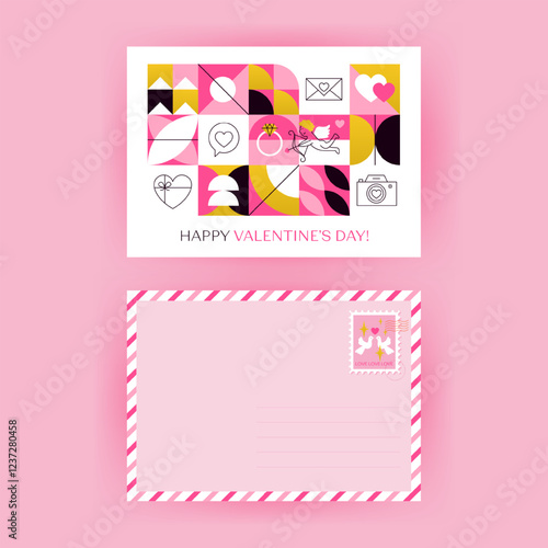 Postal Postcard Happy Valentines Day. Vector Illustration of Outline and Flat Style. Love Romance Holiday. Postage Stamp.