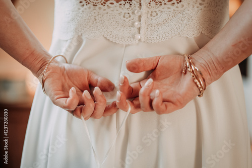 les mains de la mariée, de dos photo