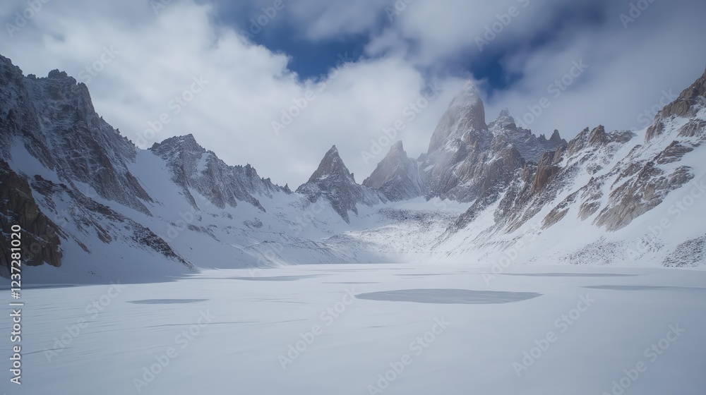 Fototapeta premium Snowcapped Mountains and Frozen Lake A Winter Landscape