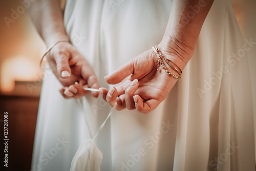 les mains de la mariée, de dos photo