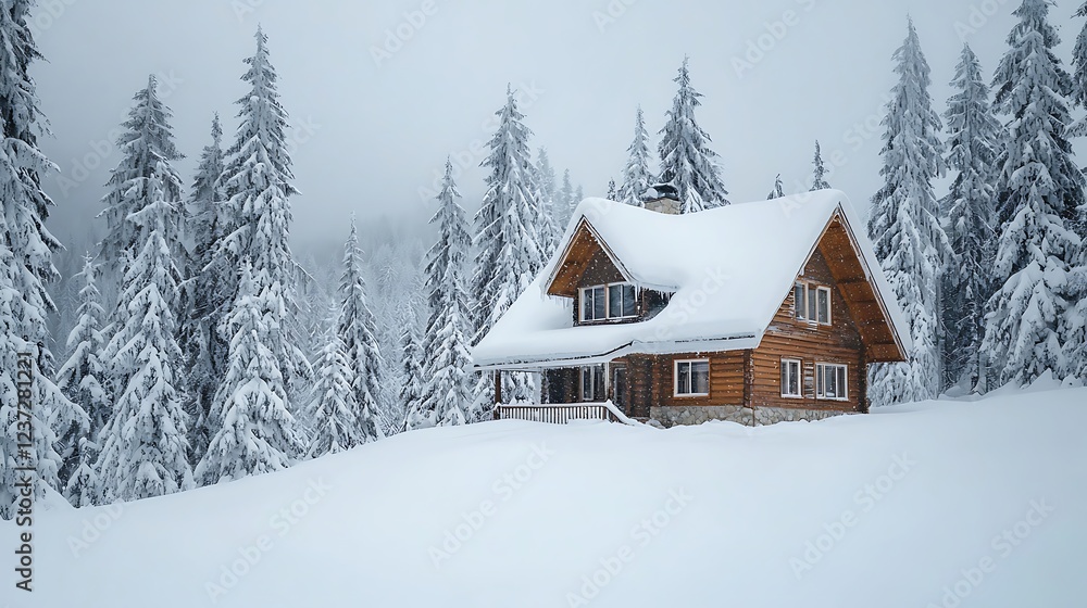 Cozy winter scene with a snow-covered house surrounded by pine trees Cozy winter scene with a snow-covered house surrounded by pine trees