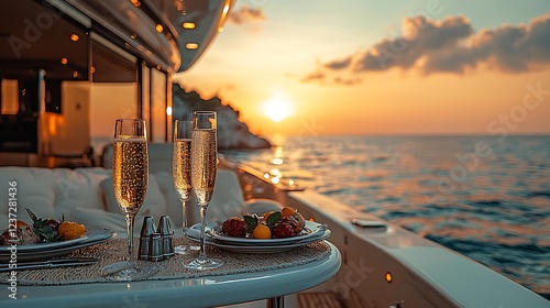 A private yacht charter for a Valentinea??s celebration, with a lavish dinner setup, champagne, and panoramic views the ocean