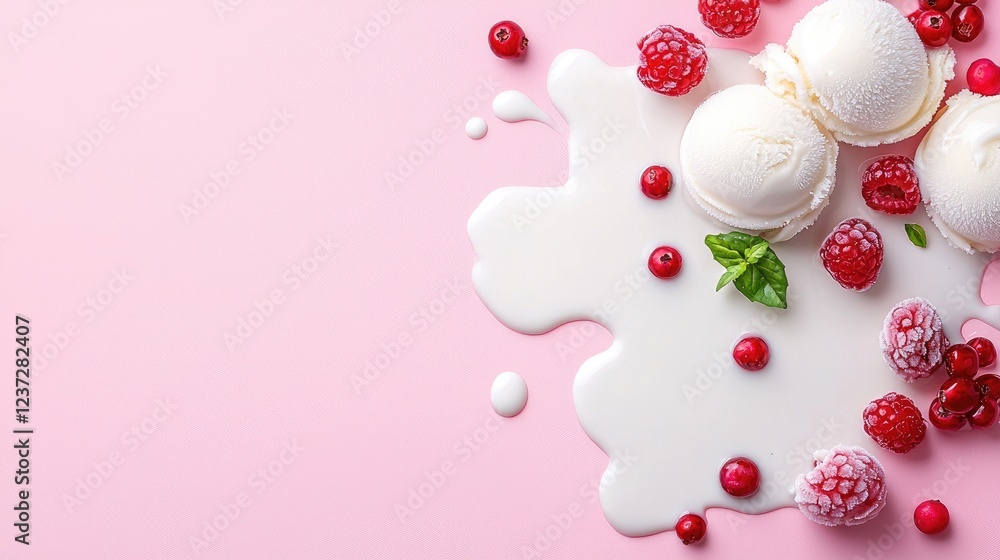 Creamy vanilla ice cream with raspberries and cranberries on pink background; food blog, recipe Creamy vanilla ice cream with raspberries and cranberries on pink background; food blog, recipe