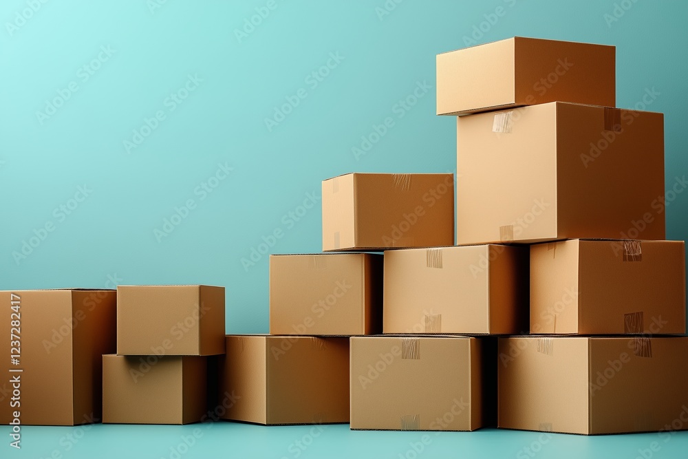 A neatly stacked pile of cardboard boxes sealed with tape, set against a pastel blue background. A neatly stacked pile of cardboard boxes sealed with tape, set against a pastel blue background.