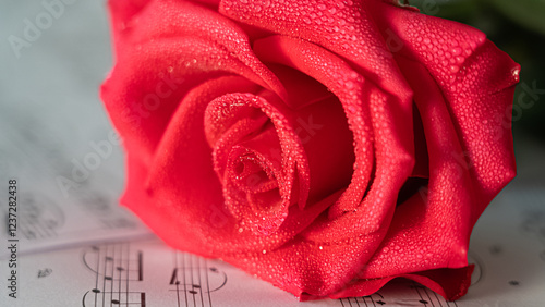 red rose with water drops on top of the musical sheet, macro photo
