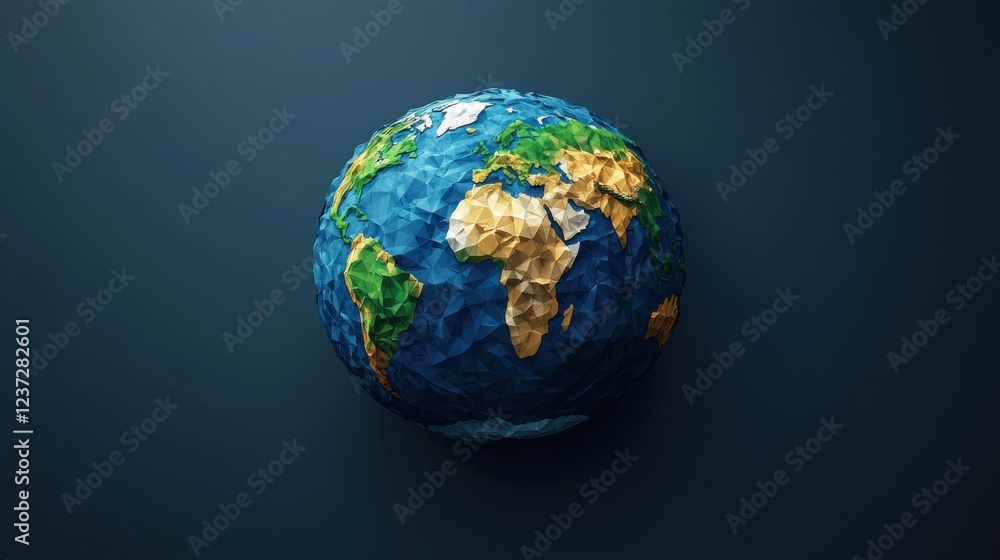 Fototapeta premium Low poly earth globe against dark background showcasing continents in geometric design