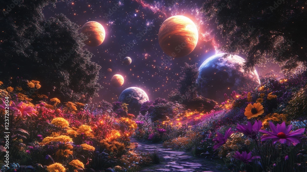 custom made wallpaper toronto digitalEnchanted floral path under cosmic sky with planets and stars at night