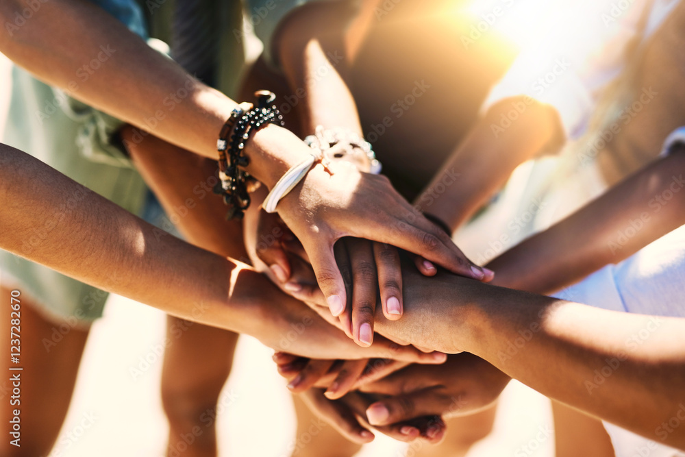 Obraz premium Hands together, support and closeup with women outdoors for summer vacation, freshman celebration and bonding. Holiday, travel and tropical with group of people for social, adventure and connection