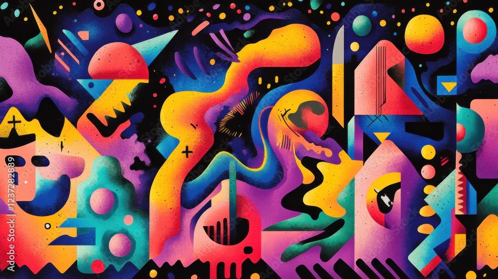 Vibrant abstract geometric art with colorful shapes and cosmic elements