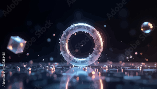 3D glass cube, torus and ball on a black background, showing refraction and holographic rainbow effects. Ideal for abstract icons and design elements.