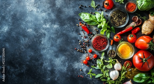 Wallpaper Mural Vibrant overhead shot of assorted fresh herbs, spices, and tomatoes on dark background. Torontodigital.ca