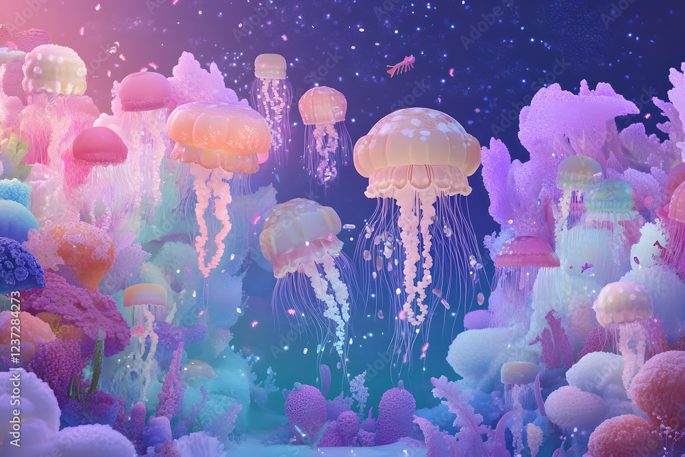 Naklejka premium Jellyfish in ocean illustration, underwater life, ocean life, mystical jellyfish 