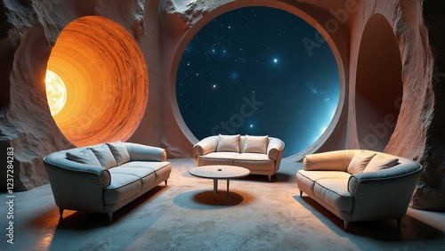 A futuristic production hub at a lagrange point features furniture pieces distorted by gravitational lens. photo