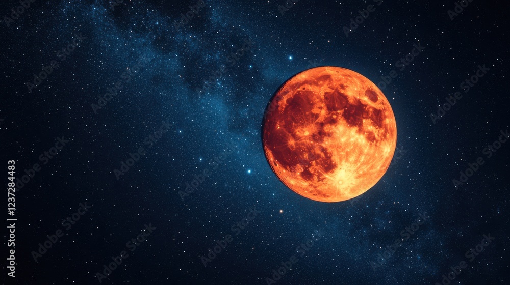 Fototapeta premium Bright red moon against starry night sky with milky way displayed in background