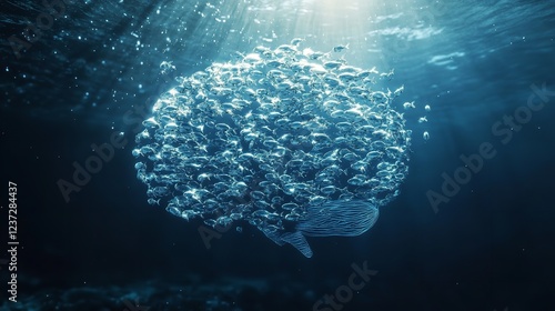 A School of Tiny Fish Forming a Brain Shape Underwater, Glowing in Synchronization photo