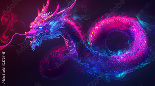 Mystical dragon illustration, fantasy element, detailed drawing, dark and neon, isolated on white background. Luminous Shadows. Illustration photo