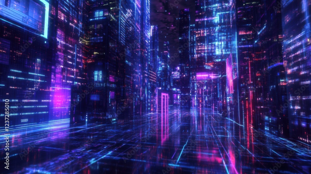 Reflect on the impact of technology with a futuristic cityscape illuminated by neon lights and digital displays, Futuristic cityscape scene, Cyberpunk style Reflect on the impact of technology with a futuristic cityscape illuminated by neon lights and digital displays, Futuristic cityscape scene, Cyberpunk style