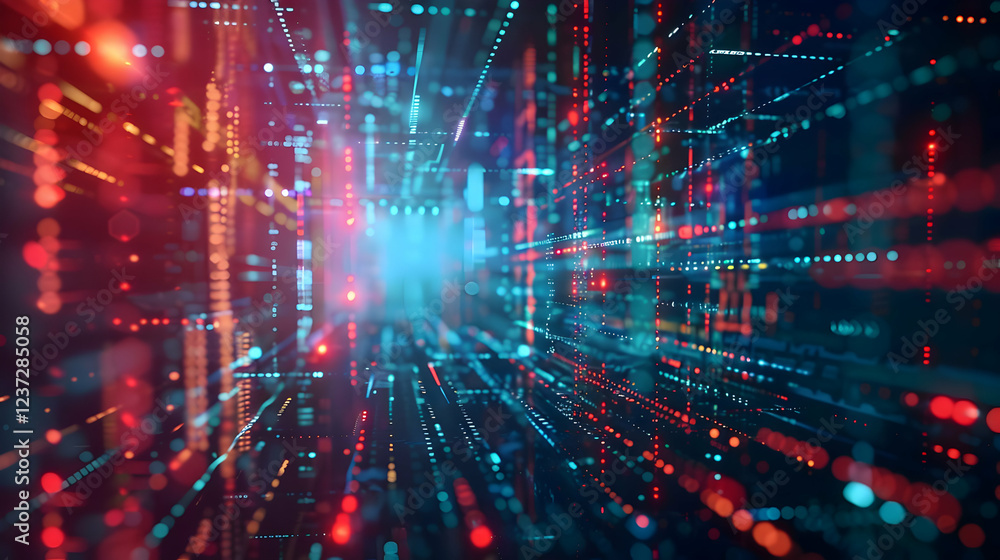 Abstract digital landscape with vibrant lights and depth, suggesting technology and data flow. Abstract digital landscape with vibrant lights and depth, suggesting technology and data flow.