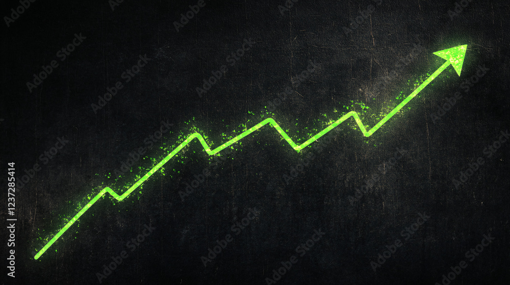 Naklejka premium A glowing green zigzag line with an upward arrow drawn on a dark chalkboard representing financial growth and positive trends