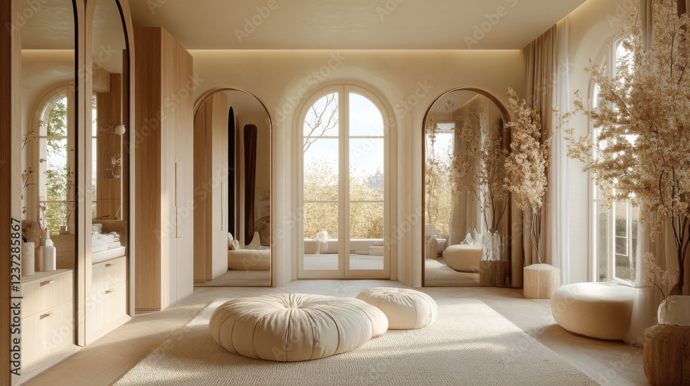 Fototapeta premium Elegant minimalist living room with arched windows and neutral decor