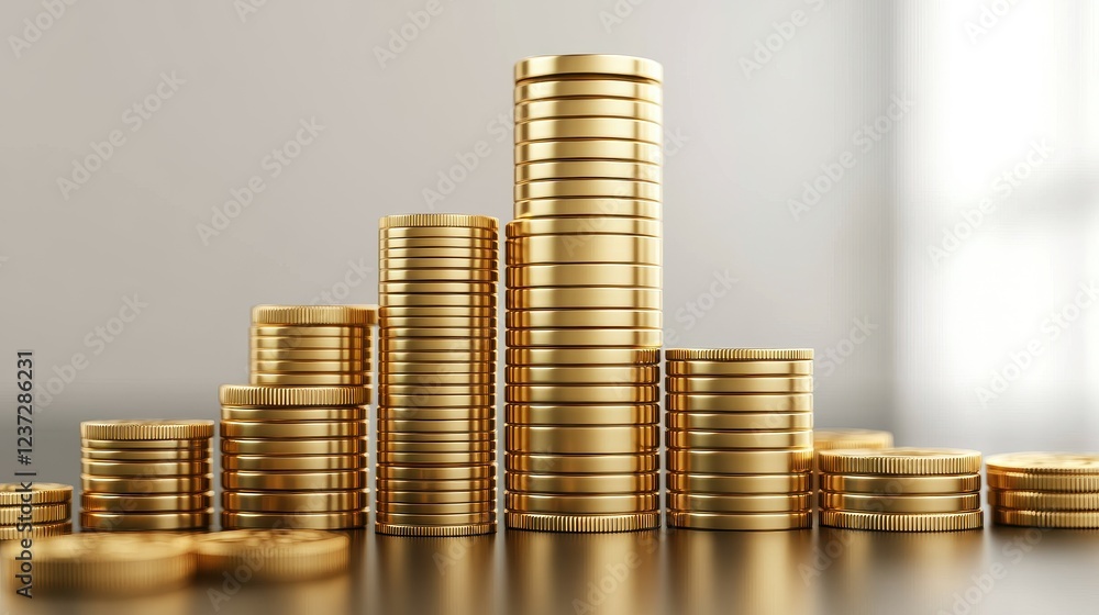 Business profits, rising bar graph with golden coins, 3D illustration. 