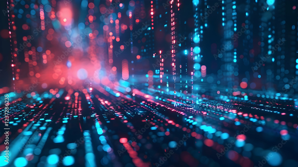 A digital landscape of glowing data streams in blue and red hues. A digital landscape of glowing data streams in blue and red hues.