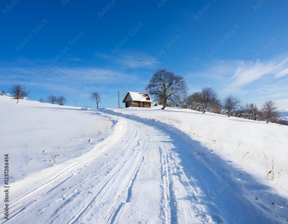 Obraz premium Wooden Cabin and Snow-Covered Road in Winter Landscape