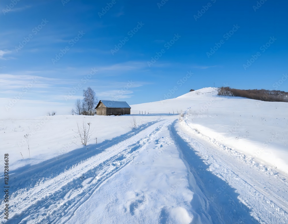 Winter Landscape with Wooden Shed and Snow-Covered Road Winter Landscape with Wooden Shed and Snow-Covered Road