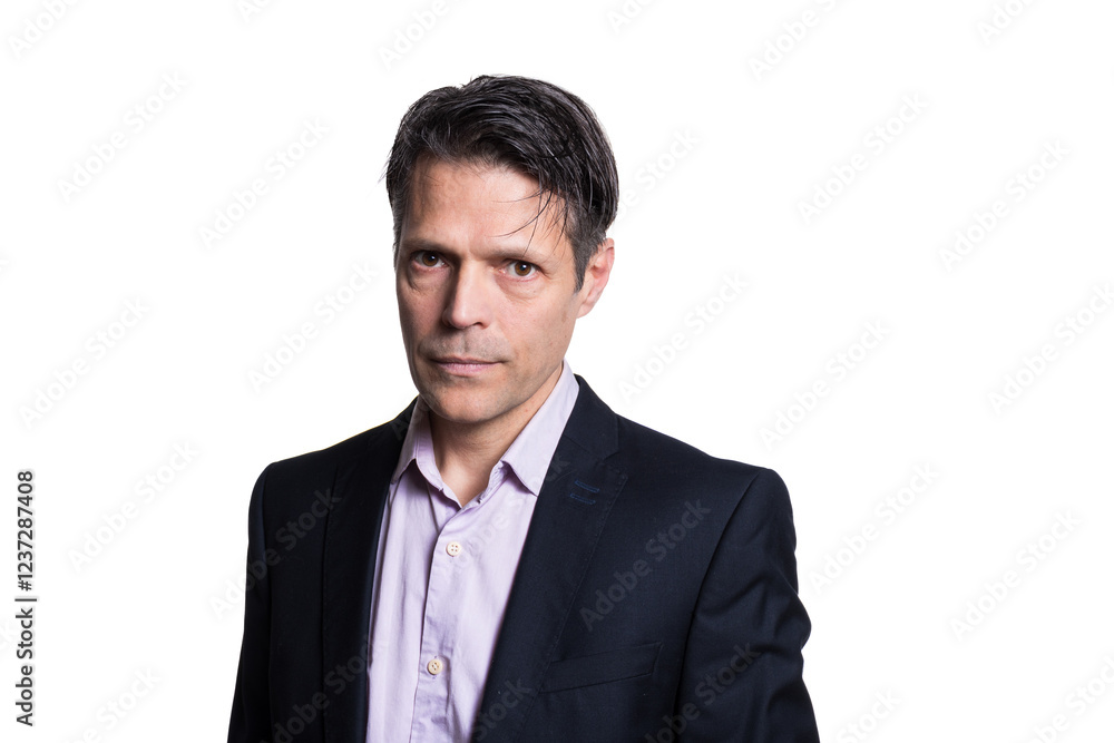 Middle-aged man looking at the camera, on white background, wearing formal clothes. Middle-aged man looking at the camera, on white background, wearing formal clothes.
