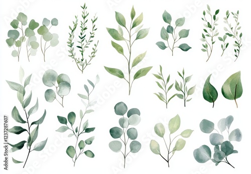 Watercolor greenery collection with various leaves and branches isolated on white background.