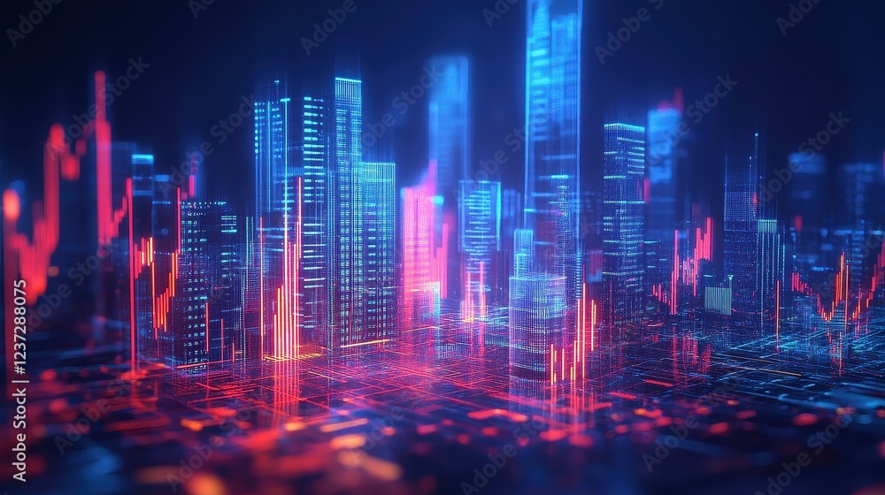 Economic boom, futuristic city with profit charts, 3D illustration. Economic boom, futuristic city with profit charts, 3D illustration.