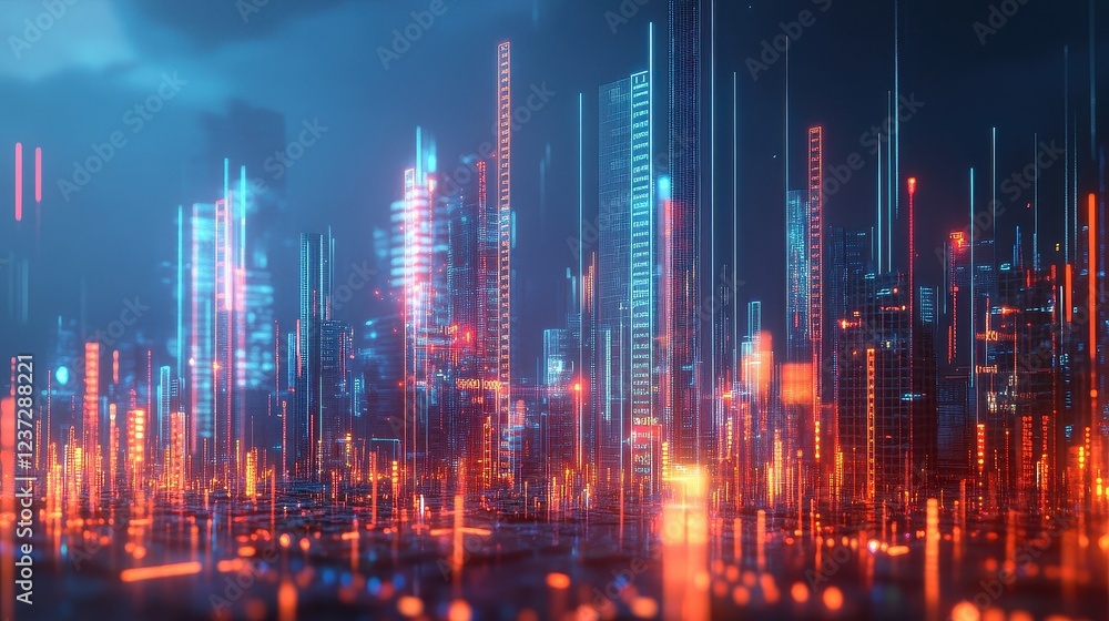 Fototapeta premium Economic boom, futuristic city with profit charts, 3D illustration. 