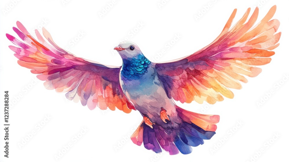 Fototapeta premium Colorful watercolor pigeon in flight with vibrant wings spread wide against white background