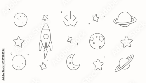 Set of space elements in cute 3d style, vector illustration isolated on white background. Rocket or spaceship launch, stars, UFO, saturn planet. Concepts of startup and astronomy.