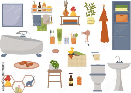 Bathroom object constructor. Cabinet with sink and mirror. Laundry basket, robe and slippers. Personal hygiene set and hair dryer. Decorative shelf for figurines and flowers. Vector illustration
