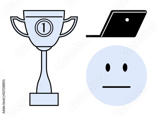 A trophy cup symbolizes victory, a laptop represents work or technology, and a neutral face suggests indifference or evaluation. Ideal for success, competition, work-life balance, achievement