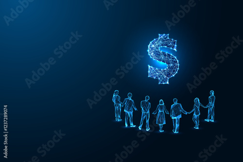 Dverse group of people in front of a large dollar sign on blue background. wealth and prosperity.