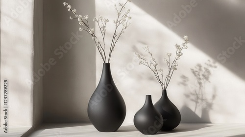 Elegant minimalist vases with delicate branches in soft sunlit room