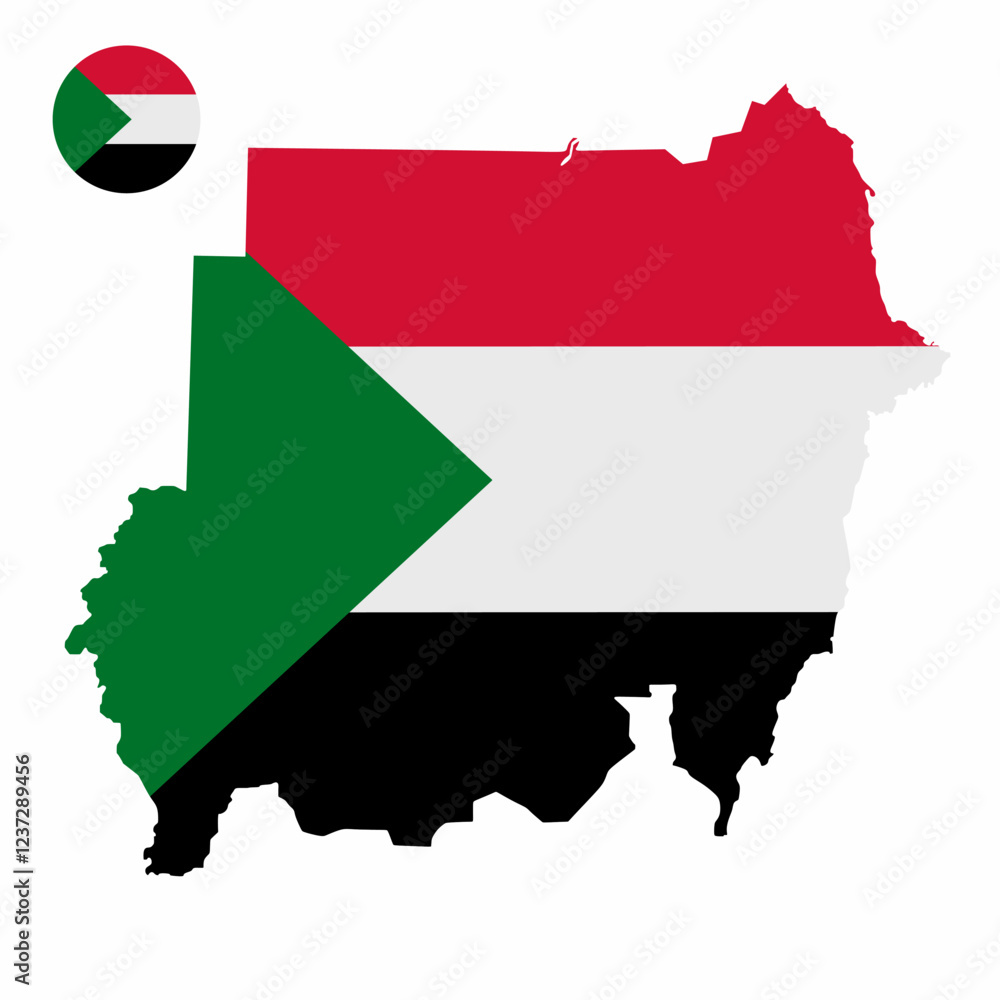 Fototapeta premium Vector set of Sudan high detailed map flag and national flag round badge isolated on white background.