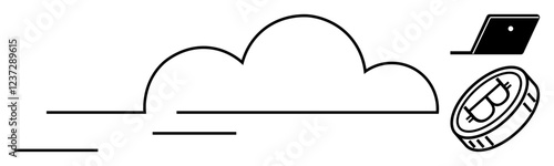 Cloud, laptop, and Bitcoin coin linedrawing. Ideal for cloud storage, digital transactions, cryptocurrency, fintech, online security decentralized finance connectivity. Black lines abstract line