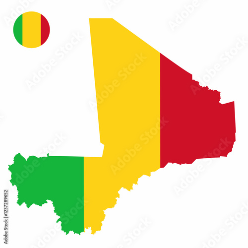 Vector set of Mali high detailed map flag and national flag round badge isolated on white background.