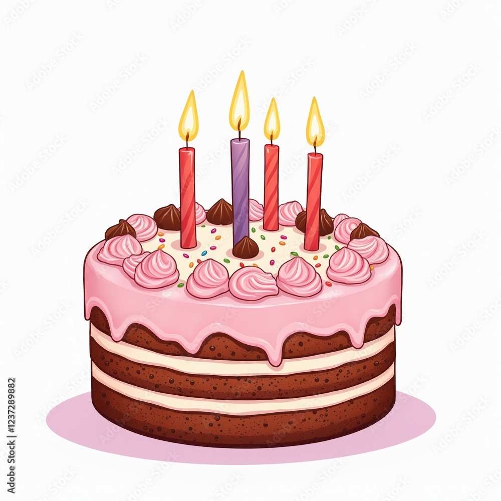 A delightful birthday cake with pink icing and decorative candles A delightful birthday cake with pink icing and decorative candles