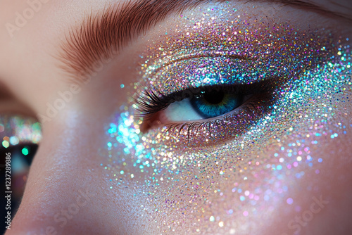 Close-up of a model's eye adorned with vibrant sparkles and glitter reflecting various colors during a beauty shoot