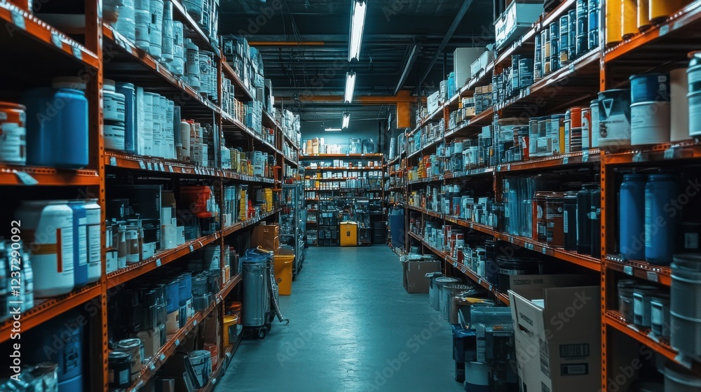 Warehouse aisle filled with colorful industrial paint cans and supplies on orange shelves Warehouse aisle filled with colorful industrial paint cans and supplies on orange shelves