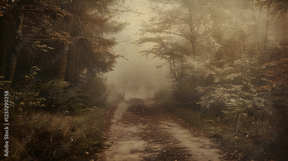 Fototapeta premium A misty forest path surrounded by trees and fallen leaves, evoking a serene atmosphere.